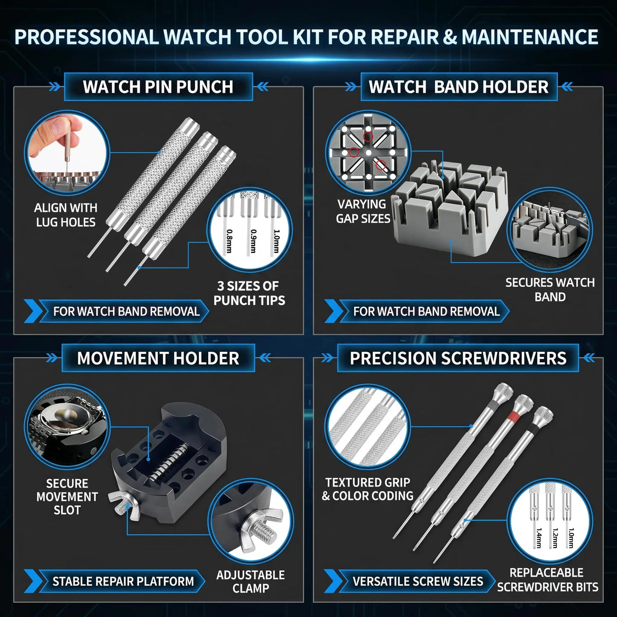 Watch Repair Tool Kit - Watch Battery Replacement & Strap Disassembly Tools, Case Opener, Spring Bar & Pin Remover`