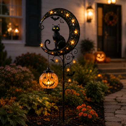 🔥Last Chance Before They're Gone! Solar Halloween Black Cat Moon Garden Stake Light 🎃🐈‍⬛🌙