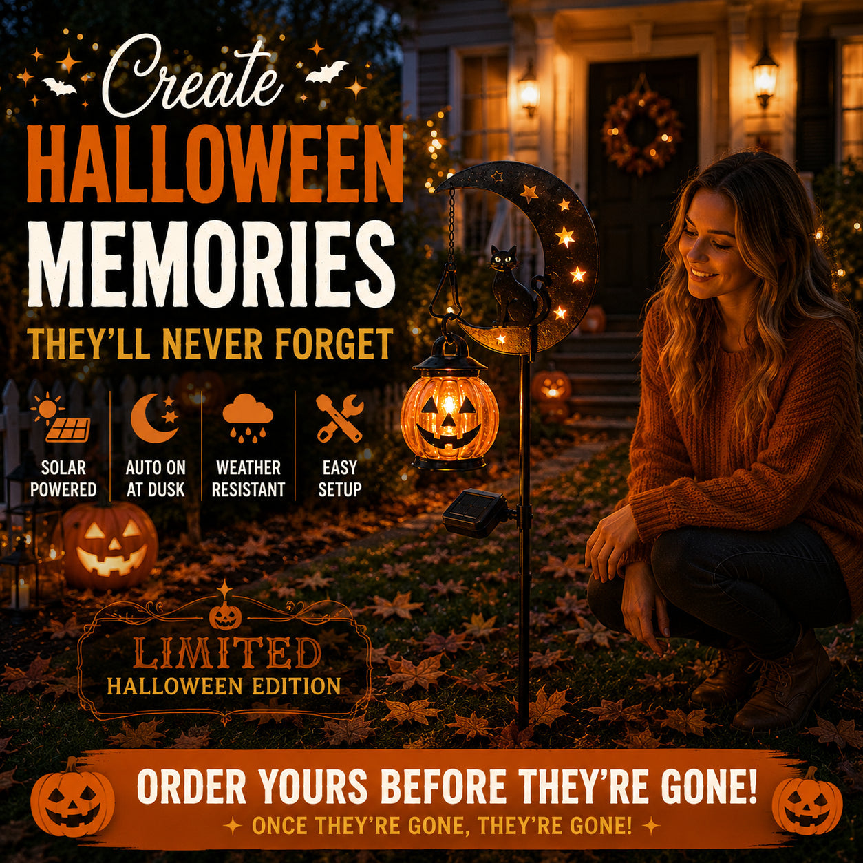 🔥Last Chance Before They're Gone! Solar Halloween Black Cat Moon Garden Stake Light 🎃🐈‍⬛🌙