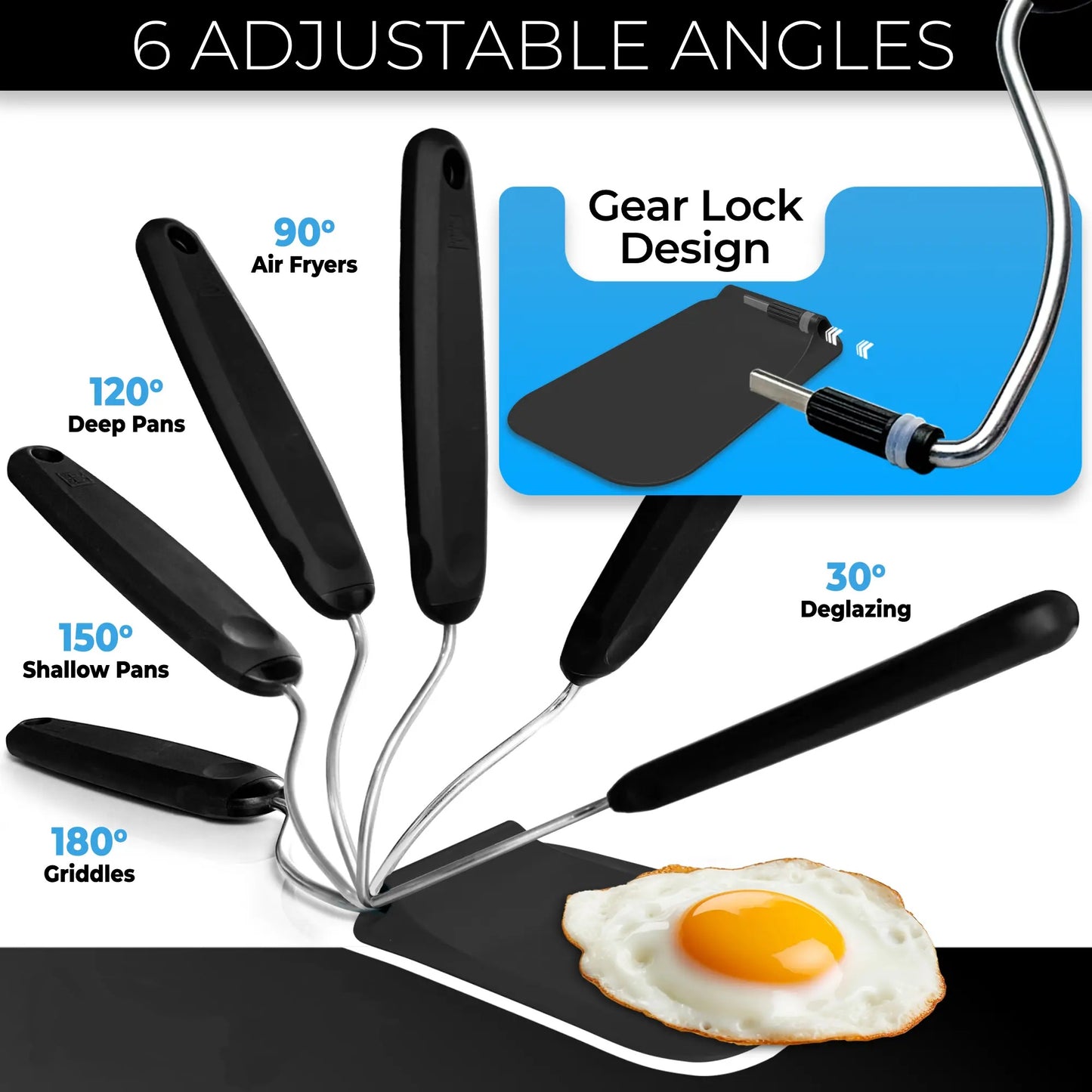 Spatula with adjustable angles, a must have kitchen gadget! Kitchen accessories should serve a purpose! Perfect for Air Fryers, griddles and everything in-between! Includes 2 Spatula heads made from PPSU - BPA/BPS and PFAS free. Non-Toxic