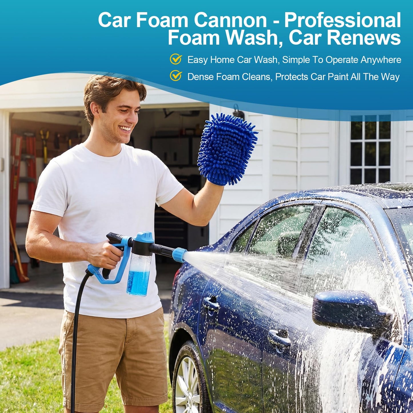 Car Wash Foam Gun for Garden Hose, Foam Cannon Kit with Microfiber Wash Mitt, Extra Nozzle, 3 Spray Modes & 50% Higher Water Pressure, Hose Foam Blaster for Cars, Trucks, RVs, Motorcycles