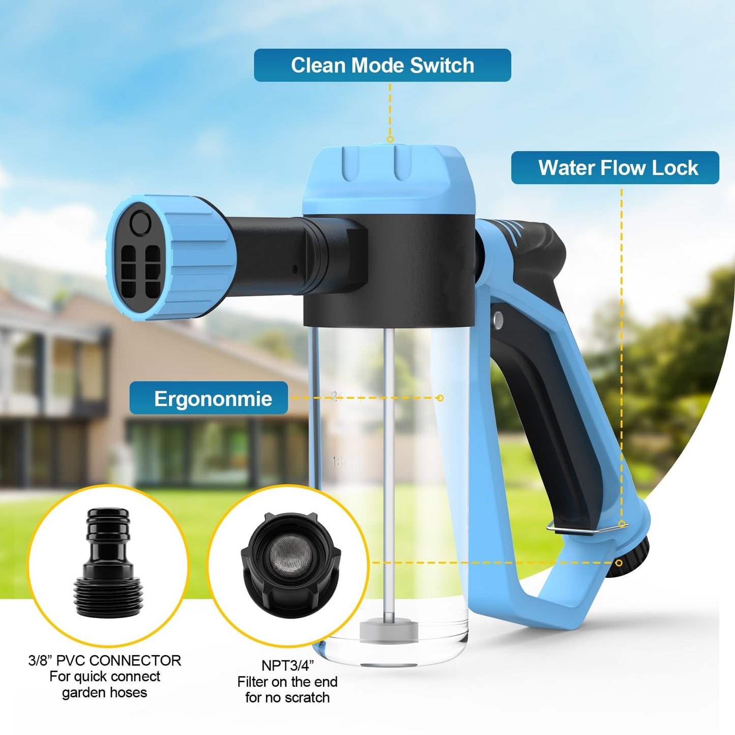 Car Wash Foam Gun for Garden Hose, Foam Cannon Kit with Microfiber Wash Mitt, Extra Nozzle, 3 Spray Modes & 50% Higher Water Pressure, Hose Foam Blaster for Cars, Trucks, RVs, Motorcycles