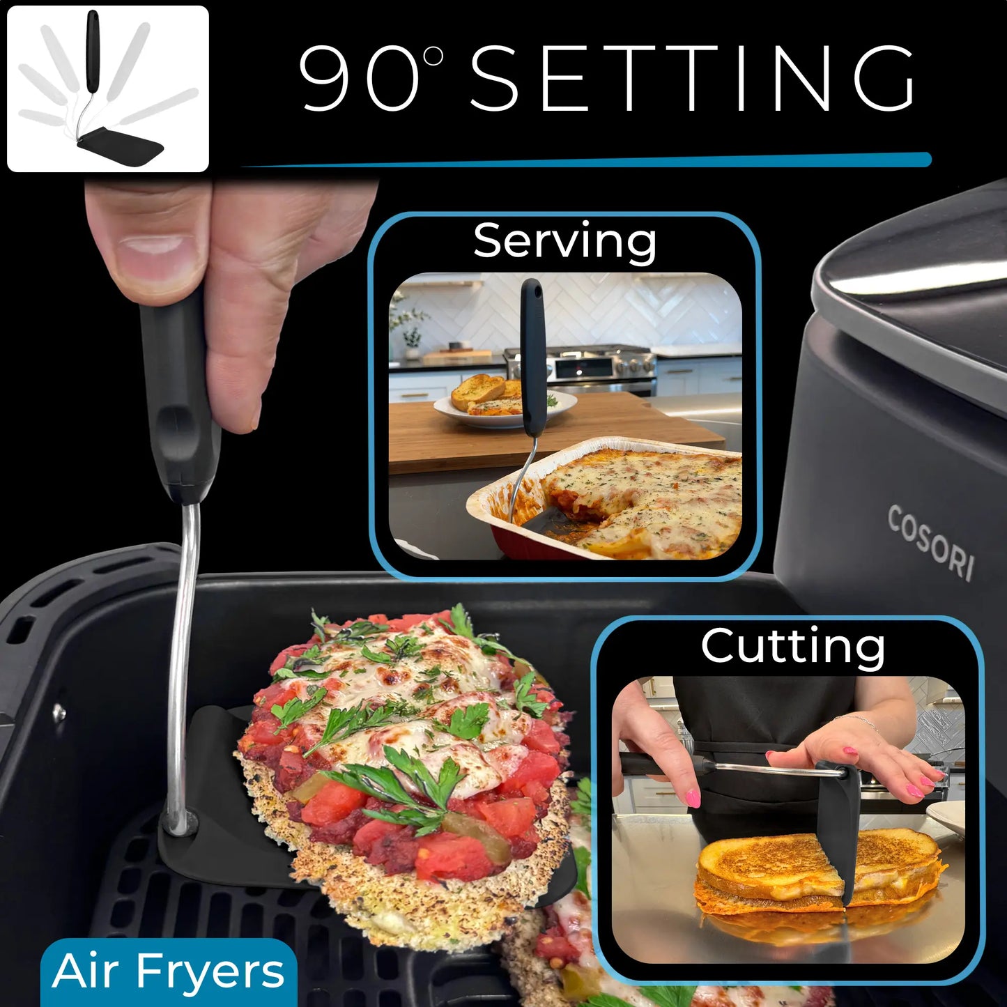 Spatula with adjustable angles, a must have kitchen gadget! Kitchen accessories should serve a purpose! Perfect for Air Fryers, griddles and everything in-between! Includes 2 Spatula heads made from PPSU - BPA/BPS and PFAS free. Non-Toxic