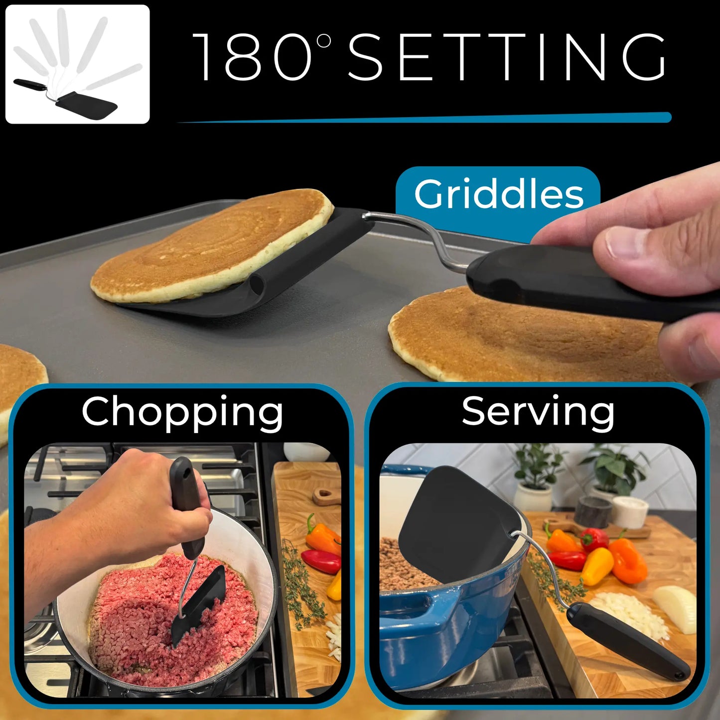Spatula with adjustable angles, a must have kitchen gadget! Kitchen accessories should serve a purpose! Perfect for Air Fryers, griddles and everything in-between! Includes 2 Spatula heads made from PPSU - BPA/BPS and PFAS free. Non-Toxic