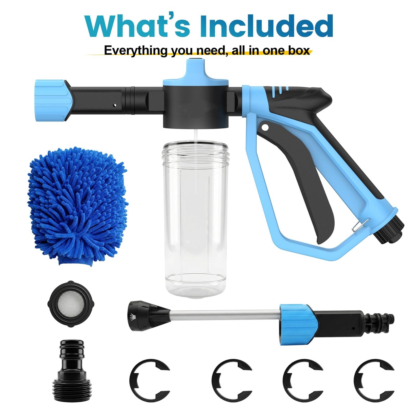 Car Wash Foam Gun for Garden Hose, Foam Cannon Kit with Microfiber Wash Mitt, Extra Nozzle, 3 Spray Modes & 50% Higher Water Pressure, Hose Foam Blaster for Cars, Trucks, RVs, Motorcycles