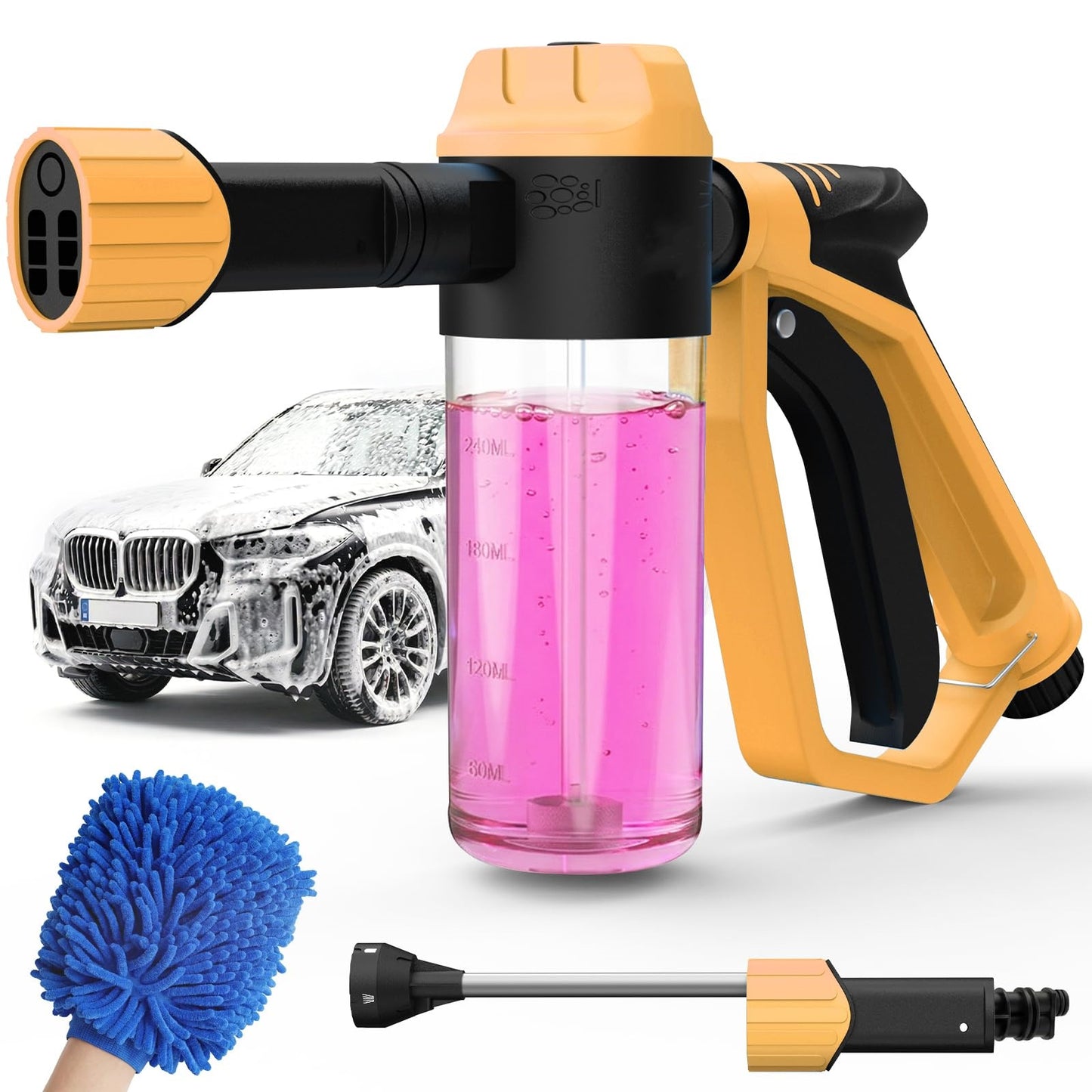 Car Wash Foam Gun for Garden Hose, Foam Cannon Kit with Microfiber Wash Mitt, Extra Nozzle, 3 Spray Modes & 50% Higher Water Pressure, Hose Foam Blaster for Cars, Trucks, RVs, Motorcycles