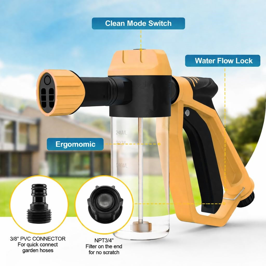 Car Wash Foam Gun for Garden Hose, Foam Cannon Kit with Microfiber Wash Mitt, Extra Nozzle, 3 Spray Modes & 50% Higher Water Pressure, Hose Foam Blaster for Cars, Trucks, RVs, Motorcycles